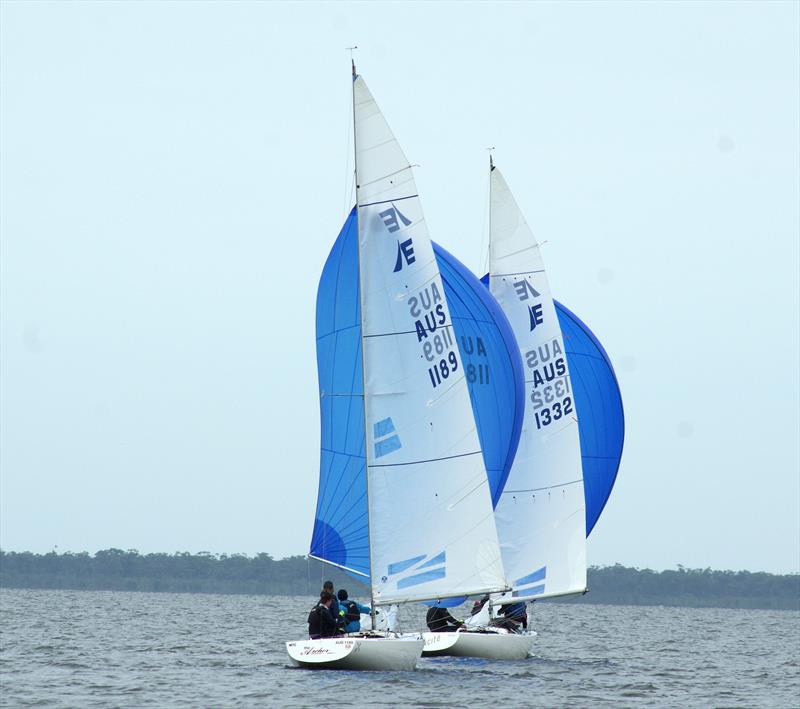 The crews of The Archer and Excite compete for wind on the final leg of race seven in the Etchells East Gippsland Championship, held on Lake King, Metung - photo © Jeanette Severs