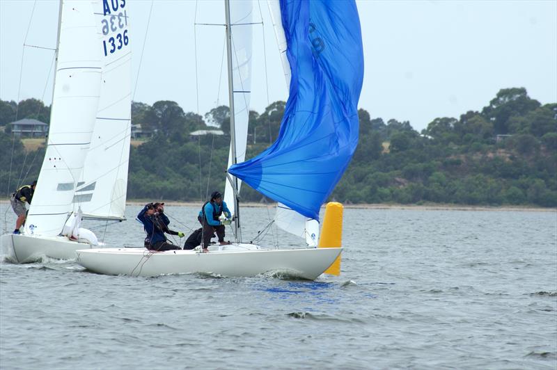 The crews of The Archer and Excite compete for wind on the final leg of race seven in the Etchells East Gippsland Championship, held on Lake King, Metung - photo © Jeanette Severs