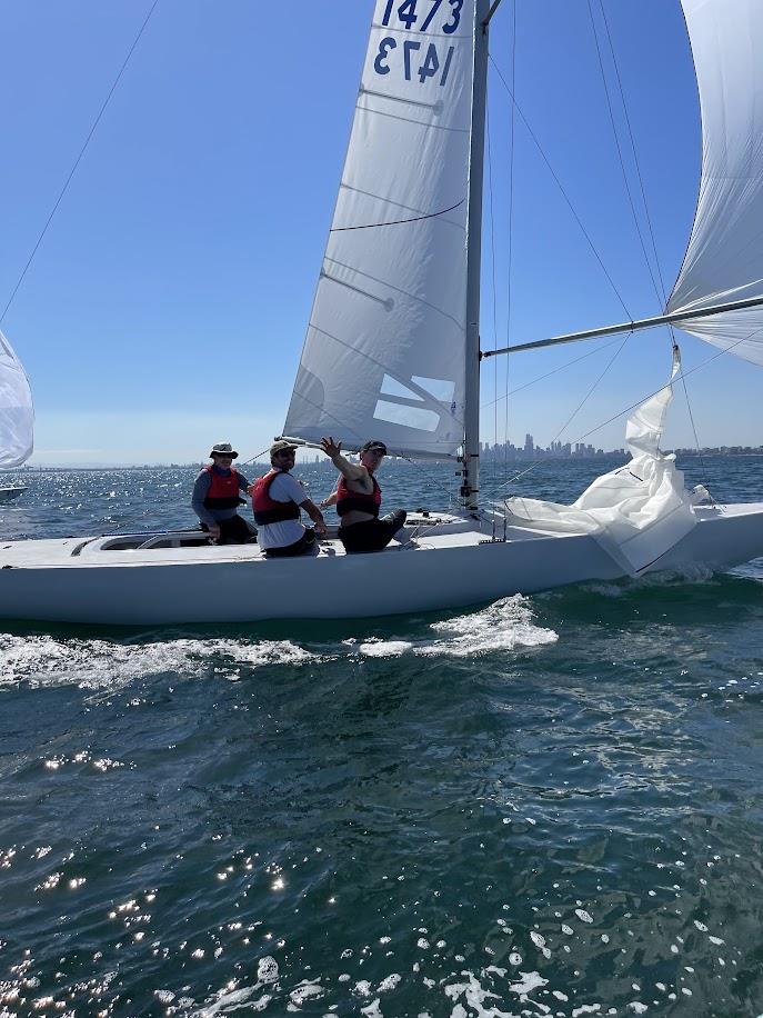 Fumanchu2 wave as they cross the line in the final race on day three of the Etchells Victorian State Championship photo copyright Laura Thomson / RBYC taken at Royal Brighton Yacht Club and featuring the Etchells class