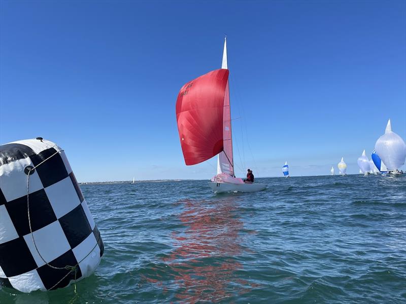 RBYC Fleet Captain Peter Stubbings coming into the finish on day three of the Etchells Victorian State Championship photo copyright Laura Thomson / RBYC taken at Royal Brighton Yacht Club and featuring the Etchells class