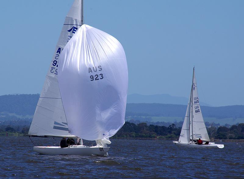 Apres La Mer (AUS923) leading the way in race one on day two of the Etchells class Victorian Championship 2024 photo copyright Jeanette Severs taken at Metung Yacht Club and featuring the Etchells class