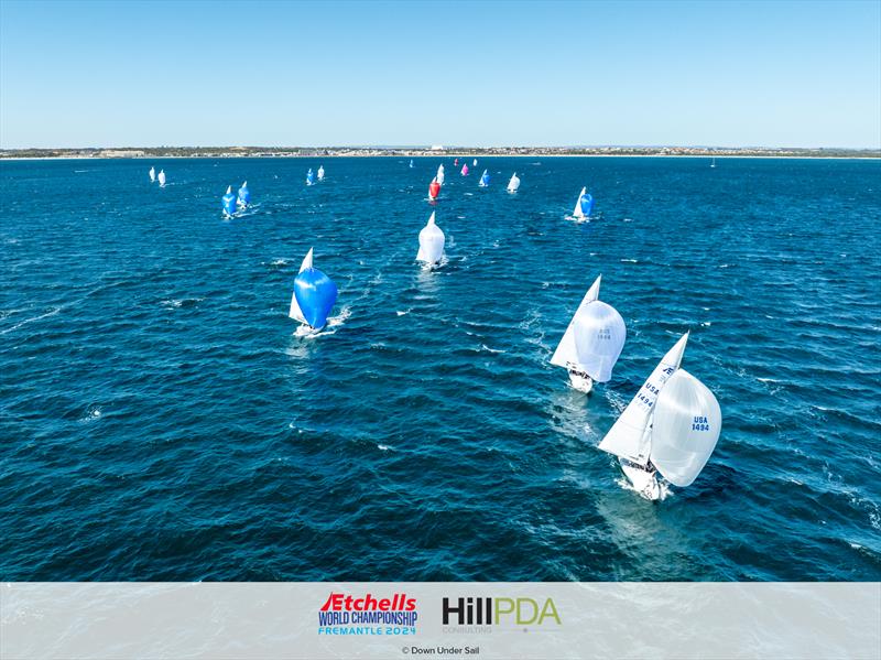 The fleet downwind on day 2 of the 2024 Etchells World Championships photo copyright Alex Dare, Down Under Sail taken at Fremantle Sailing Club and featuring the Etchells class