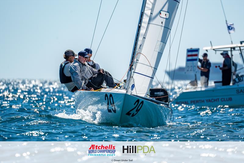 Peter Merrington, Ian McKillop, and Steve Jarvin on day 4 of the 2024 Etchells World Championships photo copyright Alex Dare, Down Under Sail taken at Fremantle Sailing Club and featuring the Etchells class