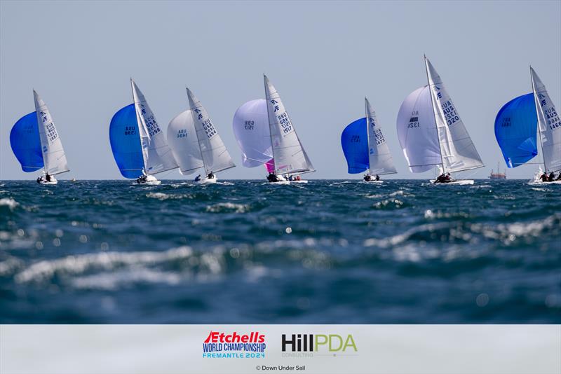 The fleet downwind on day 5 of the 2024 Etchells World Championships photo copyright Suellen Hurling for Live Sail Die and Down Under Sail taken at Fremantle Sailing Club and featuring the Etchells class