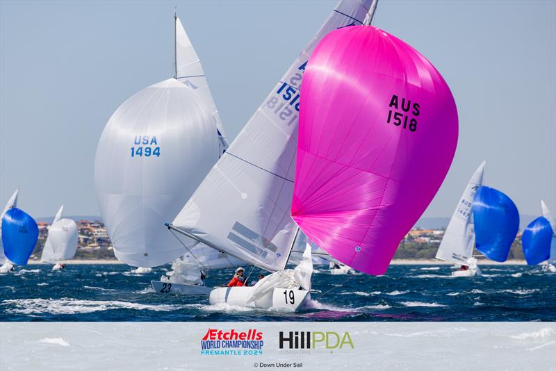 Jeanne-Claude Strong, Seve Jarvin, Sam Newton & Max Jameson on day 5 of the 2024 Etchells World Championships photo copyright Suellen Hurling for Live Sail Die and Down Under Sail taken at Fremantle Sailing Club and featuring the Etchells class