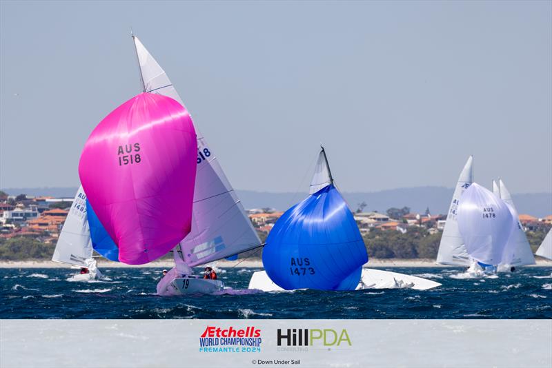 Heaps on for some on day 5 of the 2024 Etchells World Championships photo copyright Suellen Hurling for Live Sail Die and Down Under Sail taken at Fremantle Sailing Club and featuring the Etchells class