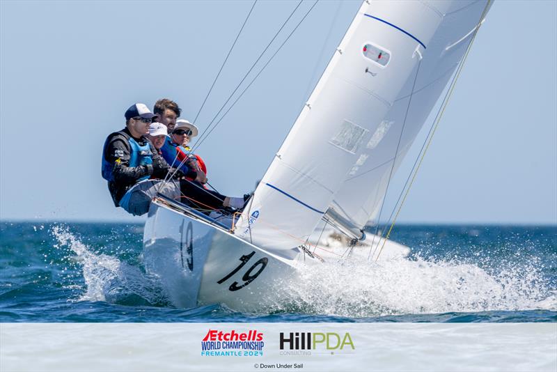 Jeanne-Claude Strong, Seve Jarvin, Sam Newton and Max Jameson on day 5 of the 2024 Etchells World Championships photo copyright Suellen Hurling for Live Sail Die and Down Under Sail taken at Fremantle Sailing Club and featuring the Etchells class