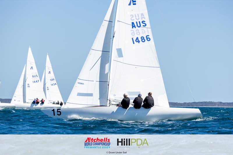 Graeme Taylor, James Mayo, and Richard Allanson on day 5 of the 2024 Etchells World Championships photo copyright Suellen Hurling for Live Sail Die and Down Under Sail taken at Fremantle Sailing Club and featuring the Etchells class