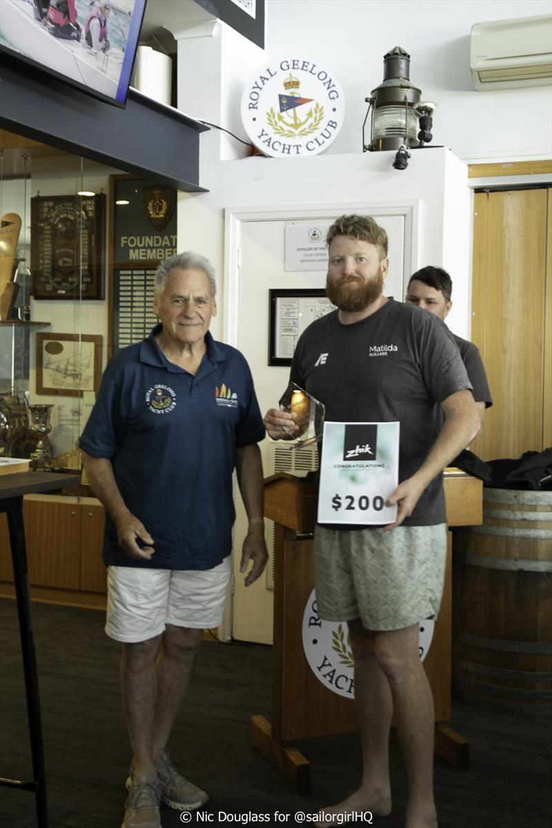 Paul Bucholz presenting Blake Robertson with the first Corithian Trophy - TLC Healthcare Etchells Australasian Summer Championship photo copyright Nic Douglass @SailorGirlHQ taken at Royal Geelong Yacht Club and featuring the Etchells class