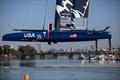 The Team USA F50 catamaran being lowered into the water ahead of a practice session. Race 2 Season 1 SailGP event in San Francisco, California, United States. 22 April 
