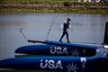 A member of the crew makes the United States SailGP Team F50 catamaran ready on the water ahead of a practice session. Race 2 Season 1 SailGP event in San Francisco, California, United States. 22 April 