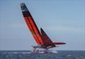 The China SailGP F50 catamaran leans over at an extreme angle during practice in San Francisco Bay. Race 2 Season 1 SailGP event in San Francisco,  25 April 