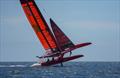 The China SailGP F50 catamaran leans over at an extreme angle during practice in San Francisco Bay. Race 2 Season 1 SailGP event in San Francisco 25 April 