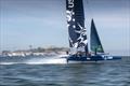 Rome Kirby pilots the USA SailGP Team F50 in front of Alcatraz Island during race condition practice day