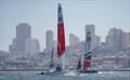 Great Britain SailGP Team skippered by Dylan Fletcher and Japan SailGP Team skippered by Nathan Outteridge raining on choppy waters in the bay. Race 2 Season 1 SailGP event in San Francisco, California, 