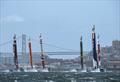 All six SailGP teams training in the bay in choppy waters. Left to right, USA, China, Great Britain, Australia, France and Japan. Race 2 Season 1 SailGP event in San Francisco, California,