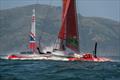 Team China after a high and crash resulting in a damaged wing. Practice race day, Event 2, Season 1 SailGP event in San Francisco