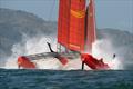 Team China foil ahigh and crash resulting in a damaged wing. Practice race day, Event 2, Season 1 SailGP event in San Francisco, California, 