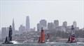 SailGP teams training in the bay in choppy waters across the City front.  SailGP event in San Francisco, California,