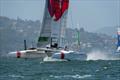 Team Japan crosses the finish in race two. Practice race day, Event 2, Season 1 SailGP event in San Francisco