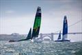 Australia SAILGP Team skippered by Tom Slingsby passes the start marker followed by France SailGP Team skippered by Billy Besson in a practice race with the Golden Gate Bridge in the distance. Event 2 Season 1 SailGP event in San Francisco