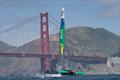 Australia SAILGP Team skippered by Tom Slingsby passes the Golden Gate Bridge during a race practice. Event 2 Season 1 SailGP event in San Francisco
