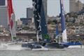 Team USA, team Japan and Team France round the right mark at the bottom gate in Race 5. Race Day 2 Event 2 Season 1 SailGP event in San Francisco