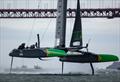 Australia SailGP Team helmed by Tom Slingsby sails past the Golden Gate Bridge on Race Day 2 of San Francisco SailGP, Season 2