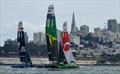 USA SailGP Team helmed by Jimmy Spithill, Australia SailGP Team helmed by Tom Slingsby and Japan SailGP Team helmed by Nathan Outterridge in action on Race Day 2 of San Francisco SailGP, Season 2