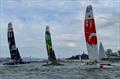 USA SailGP Team helmed by Jimmy Spithill, Australia SailGP Team helmed by Tom Slingsby and Japan SailGP Team helmed by Nathan Outterridge in action on Race Day 2 of San Francisco SailGP, Season 2