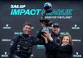 New Zealand SailGP Team co-helmed by Peter Burling and Blair Tuke at the presentation of the Impact League Trophy with Sylvia Earle (Marine Biologist, on right of frame) on Race Day 2 of San Francisco SailGP, Season 2 