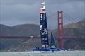 USA SailGP Team helmed by Jimmy Spithill makes a practice run with the Golden Gate Bridge in the background on Race Day 2 of San Francisco SailGP, Season 2
