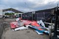 View of the damaged wing of the Canada SailGP Team F50 catamaran at the technical area following the storm after racing on Race Day 1 of the KPMG Australia Sail Grand Prix  © Ricardo Pinto/SailGP