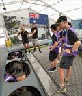 Jason Waterhouse and Tash Bryant of Australia SailGP Team explain the workings of the F50 catamaran to SailGP Inspire Careers candidates in Sydney © Chloe Knott/SailGP