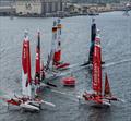 Close racing action between the SailGP fleet on Race Day 1 of the Oracle Los Angeles Sail Grand Prix at the Port of Los Angeles, in California, USA. 22nd July © Ricardo Pinto for SailGP