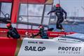 Ben Ainslie, driver of Emirates Great Britain SailGP Team, runs across the boat as Hannah Mills, strategist of Emirates Great Britain SailGP Team, take control of the wheel on Race Day 1 of the Oracle Los Angeles Sail Grand PrixCalifornia, USA. 22nd July © Felix Diemer for SailGP
