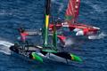 BONDS Flying Roos SailGP Team helmed by Tom Slingsby ahead of Switzerland SailGP Team helmed by Sebastien Schneiter and Emirates Great Britain SailGP Team helmed by Dylan Fletcher, on Race Day 1 of the ROCKWOOL France Sail Grand Prix held in Saint Tropez