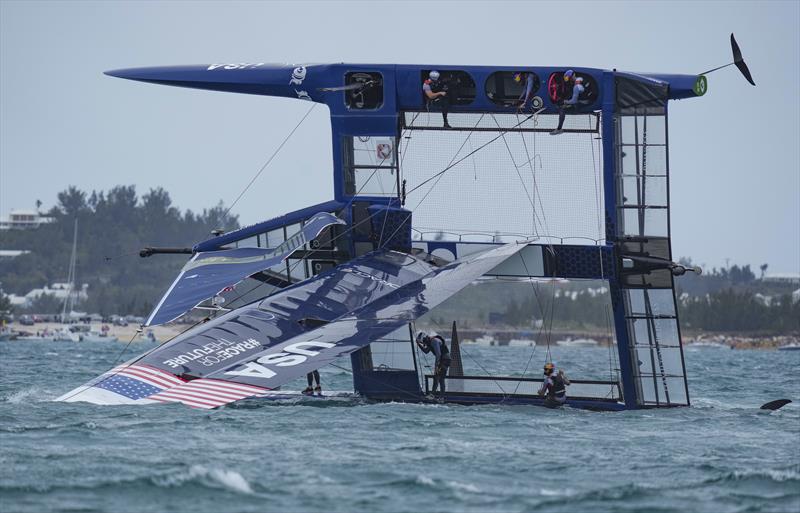 USA SailGP Team helmed by Jimmy Spithill capsize on day 2 of the Bermuda SailGP presented by Hamilton Princess - photo © Bob Martin for SailGP