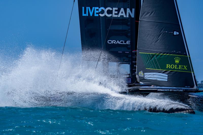 New Zealand SailGP Team helmed by Peter Burling crashes down into the water during the Bermuda SailGP presented by Hamilton Princess photo copyright Bob Martin for SailGP taken at  and featuring the F50 class