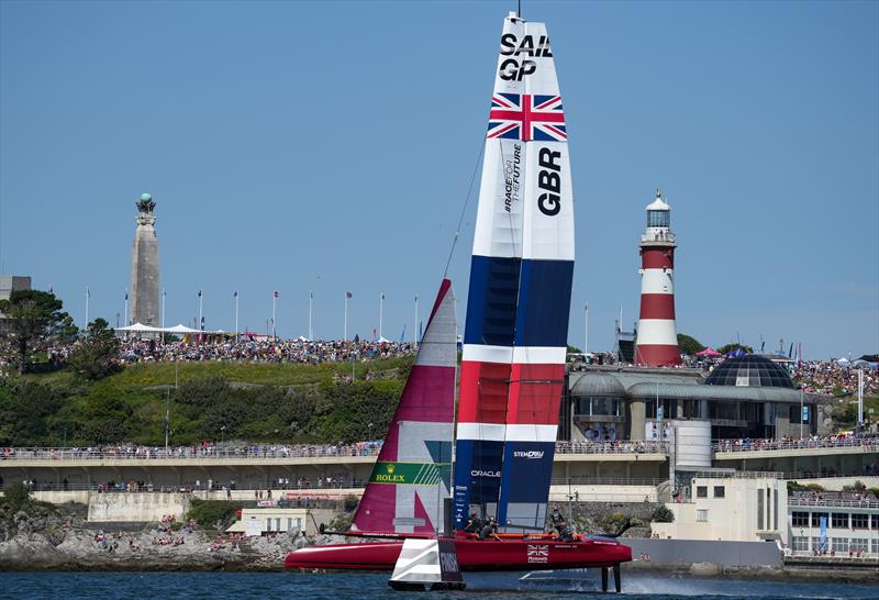 Thousands of home fans lined the Plymouth Hoe and cheered the British team on as they crossed the finish line in Race 5 to take the win photo copyright Bob Martin for SailGP taken at  and featuring the F50 class