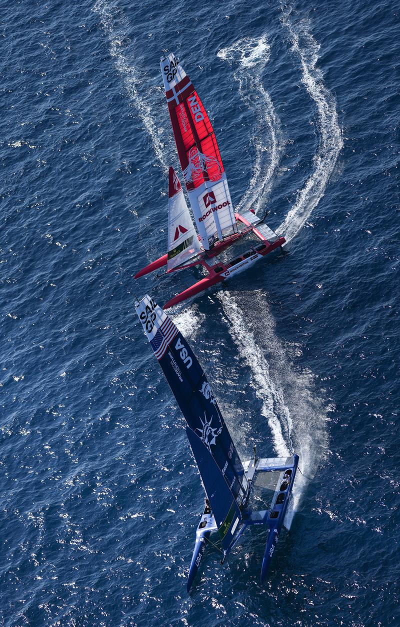 USA SailGP Team helmed by Jimmy Spithill and Denmark SailGP Team presented by ROCKWOOL helmed by Nicolai Sehested on France Sail Grand Prix day 1 photo copyright Thomas Lovelock for SailGP taken at  and featuring the F50 class