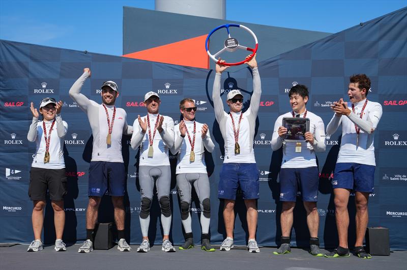 Japan SailGP Team helmed by Nathan Outterridge celebrate winning the Saint-Tropez SailGP photo copyright Bob Martin for SailGP taken at  and featuring the F50 class