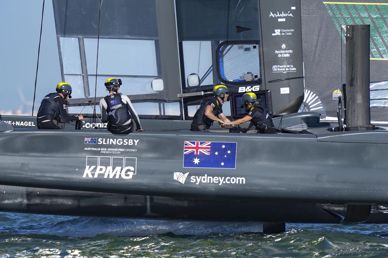 Australia SailGP Team helmed by Tom Slingsby during a practice session. Spain SailGP, Event 6, Season 2 in Cadiz, Andalucia, Spain photo copyright Bob Martin for SailGP taken at  and featuring the F50 class