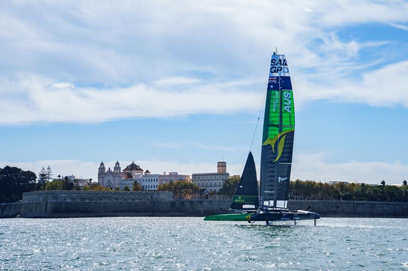 Australia SailGP Team helmed by Tom Slingsby in action during a practice session ahead of Spain SailGP, Event 6, Season 2 in Cadiz, Andalucia, Spain photo copyright Bob Martin for SailGP taken at  and featuring the F50 class