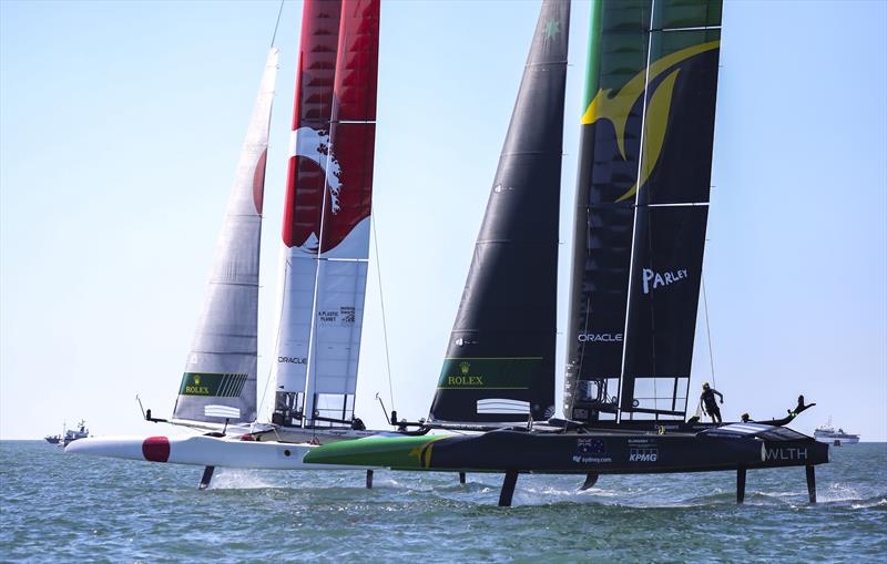 Japan SailGP Team helmed by Nathan Outterridge and Australia SailGP Team helmed by Tom Slingsby during a practice session ahead of the Spain SailGP, Event 6, Season 2 in Cadiz, Andalucia, Spain - photo © Felix Diemer for SailGP