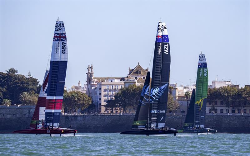 Great Britain SailGP Team helmed by Ben Ainslie, New Zealand SailGP Team co-helmed by Peter Burling and Blair Tuke and Australia SailGP Team helmed by Tom Slingsby at the Spain Sail Grand Prix photo copyright Bob Martin for SailGP taken at  and featuring the F50 class