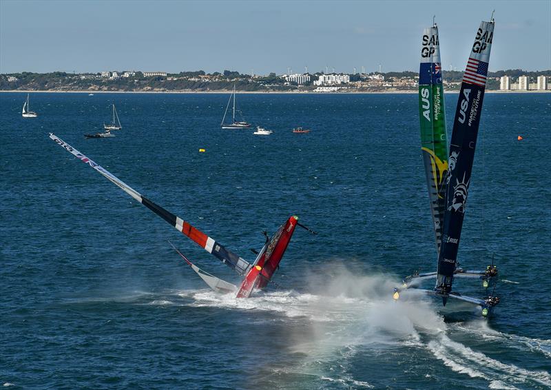 The Great Britain SailGP Team pitchpole in the final podium race at the Spain Sail Grand Prix photo copyright Ricardo Pinto for SailGP taken at  and featuring the F50 class