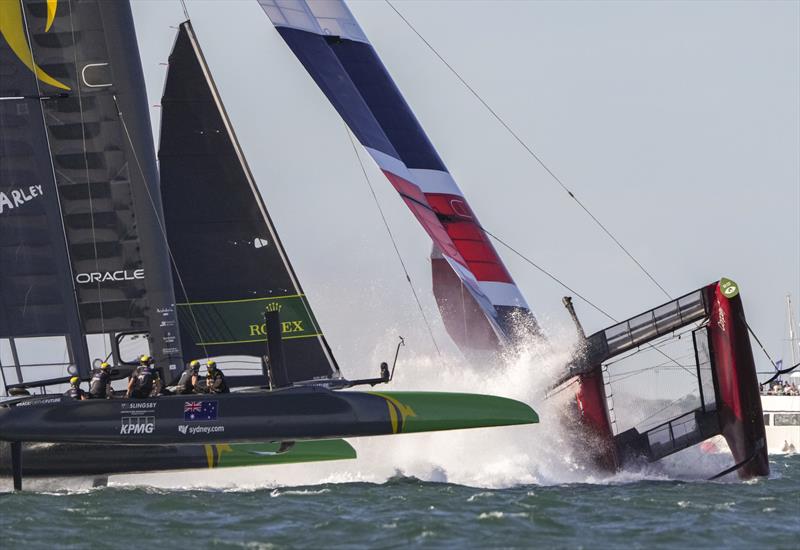 The Great Britain SailGP Team pitchpole in the final podium race at the Spain Sail Grand Prix - photo © Thomas Lovelock for SailGP