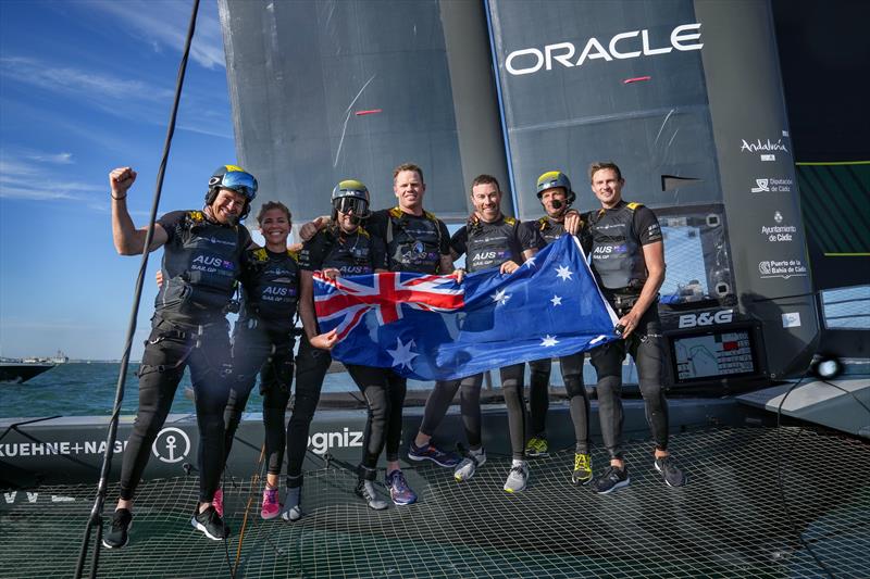 Australia SailGP Team helmed by Tom Slingsby celebrate victory at the Spain Sail Grand Prix photo copyright Thomas Lovelock for SailGP taken at  and featuring the F50 class
