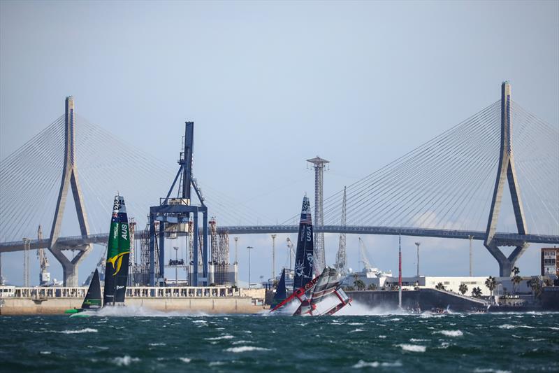 The Great Britain SailGP Team pitchpole in the final podium race at the Spain Sail Grand Prix photo copyright Felix Diemer for SailGP taken at  and featuring the F50 class